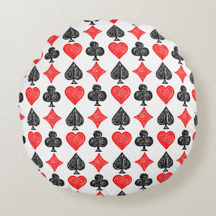 Black/White/Red Playing Card All Symbols Lino Cut Round Cushion