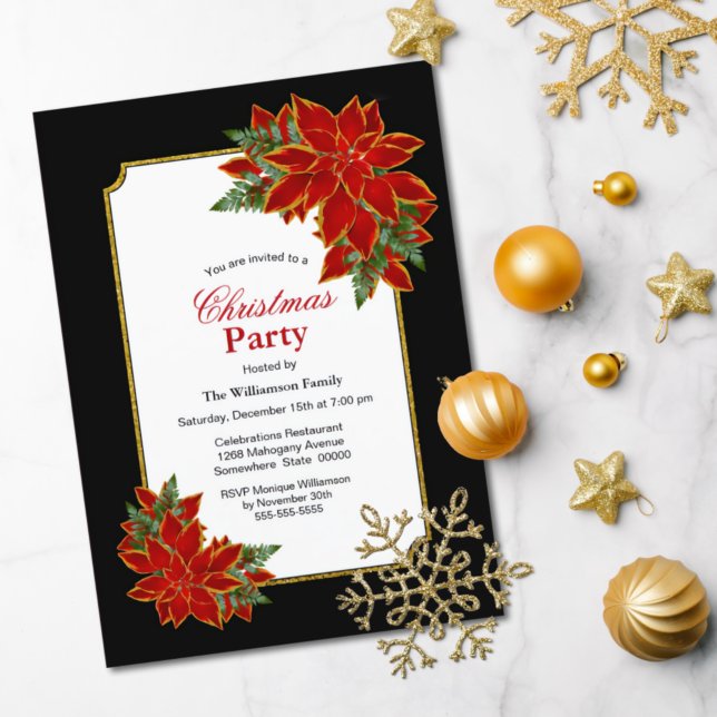 Black White & Red Poinsettia Christmas Party Invitation (Creator Uploaded)