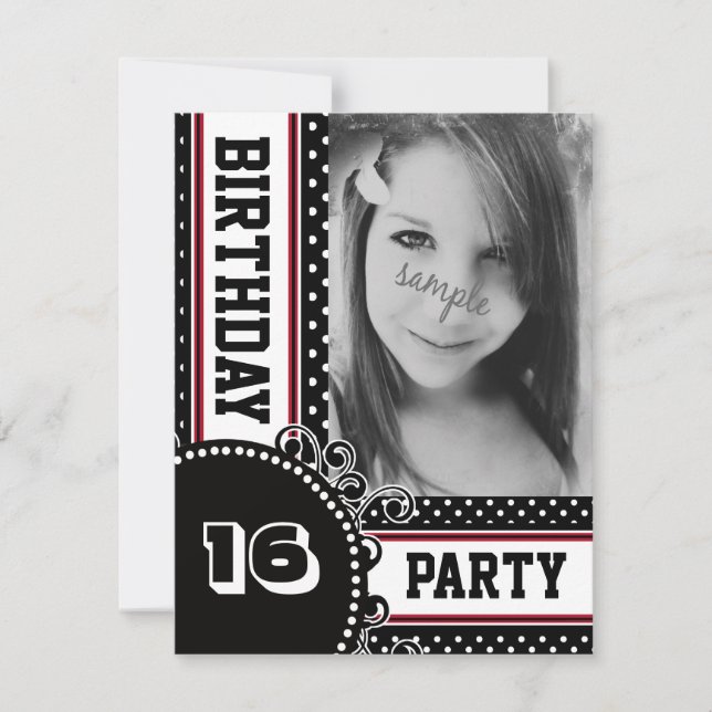 Black White Red Polka Dot Girl's Party Photo Invitation (Front)