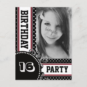 Black White Red Polka Dot Girl's Party Photo Invitation