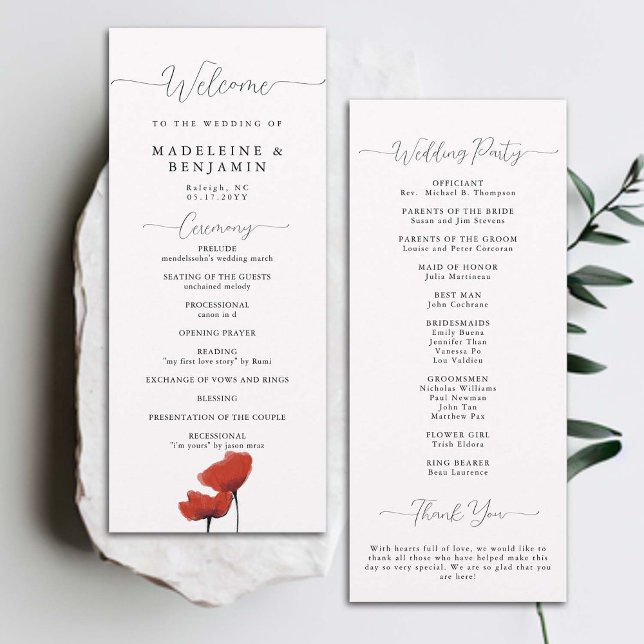 Black White Red Poppies Elegant Wedding Program (wildflower poppies summer wedding ceremony program elegant art modern classic formal traditional)