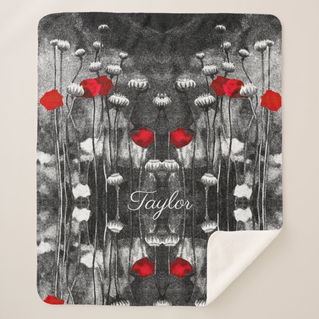 Black White Red Poppies Floral Template Flowers Sherpa Blanket (Front)