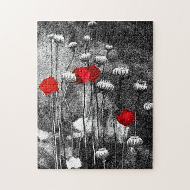 Black White Red Poppies Flower Art Template Floral Jigsaw Puzzle (Vertical)