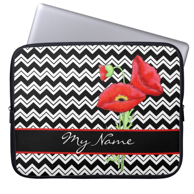Black & White Red Poppy Zizzag Chevron Customised Laptop Sleeve (Front)