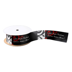 Black White Red Reverse Swirl Personalised Satin Ribbon