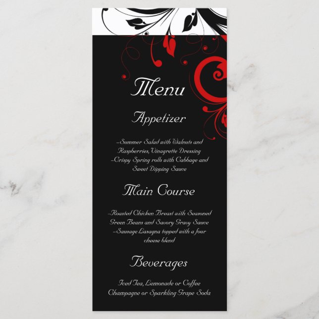 Black, White, Red Reverse Swirl Wedding Menu (Front)