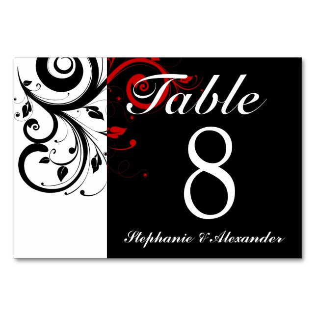 Black White Red Reverse Swirl Wedding Table Number (Front)