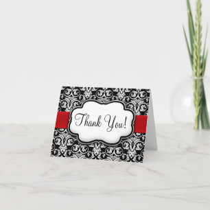 Black/White/Red Ribbon Damask Thank You Card