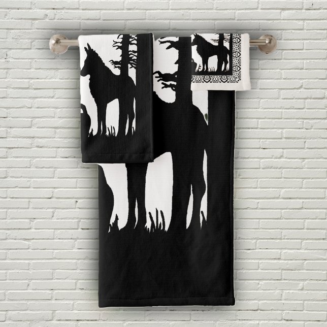 Black White Red Riding Hood Wolf in Woods Trees Bath Towel Set (Black white Little red riding hood in woods with wolf on bath towel set.)