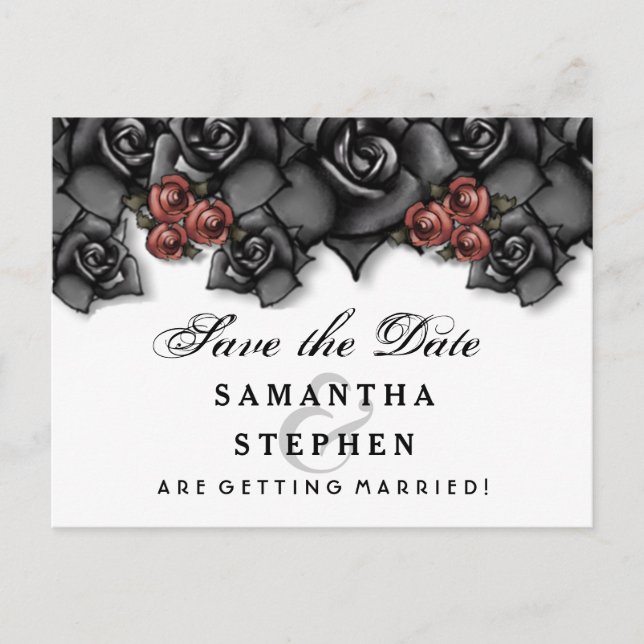 Black White Red Roses Halloween Save Date Announcement Postcard (Front)
