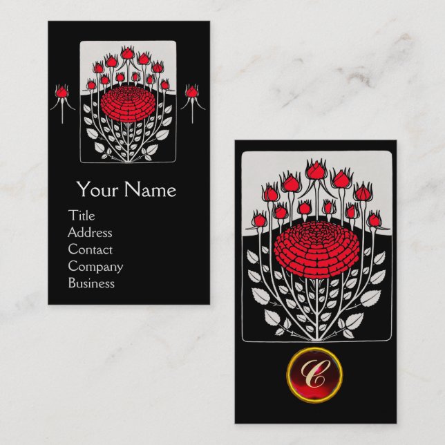 BLACK WHITE RED ROSES ,ROSEBUDS Art Nouveau Floral Business Card (Front/Back)
