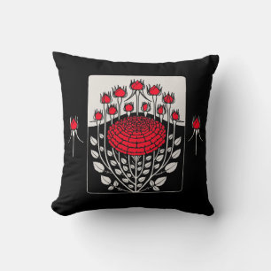 BLACK WHITE RED ROSES ,ROSEBUDS Art Nouveau Floral Cushion