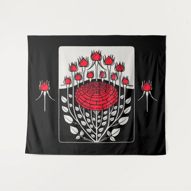 BLACK WHITE RED ROSES ,ROSEBUDS Art Nouveau Floral Tapestry (Front (Horizontal))