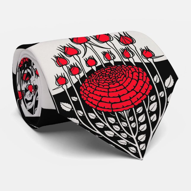 BLACK WHITE RED ROSES ,ROSEBUDS Art Nouveau Floral Tie (Rolled)