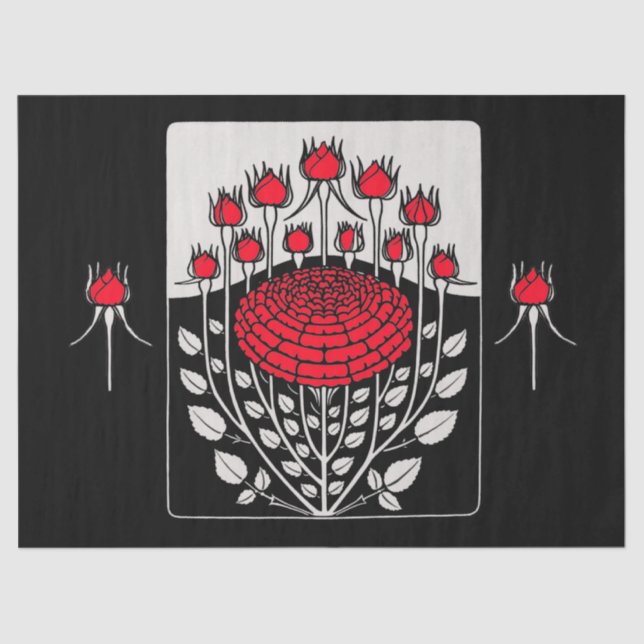 BLACK WHITE RED ROSES ,ROSEBUDS Art Nouveau Floral Tissue Paper (Front)