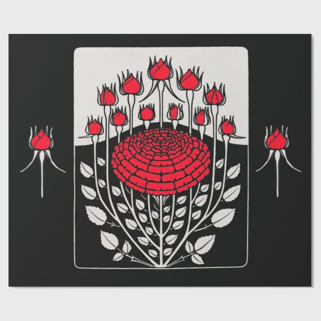 BLACK WHITE RED ROSES ,ROSEBUDS Art Nouveau Floral Wrapping Paper (Flat)