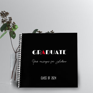 Black white red script graduation name notebook