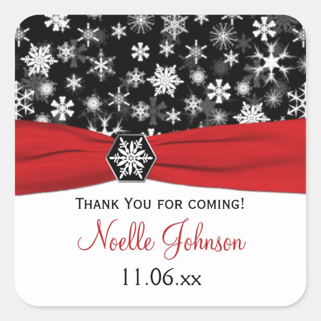 Black, White, Red Snowflakes Bridal Shower Sticker (Front)