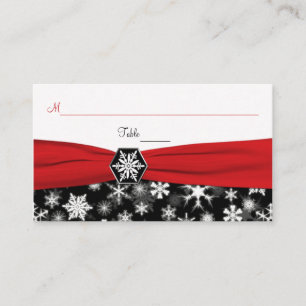 Black, White, Red Snowflakes Place Cards