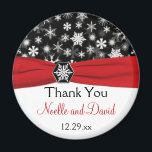 Black, White, Red Snowflakes Wedding Favor Magnet<br><div class="desc">This black and white snowflakes wedding favor thank you magnet with FAUX red ribbon and snowflake medallion matches the wedding invitation shown below. All the text is customizable, and you can change the size and shape. If you require any other matching items in this design, please email your request to...</div>