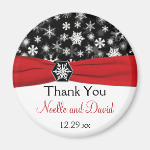 Black, White, Red Snowflakes Wedding Favor Magnet