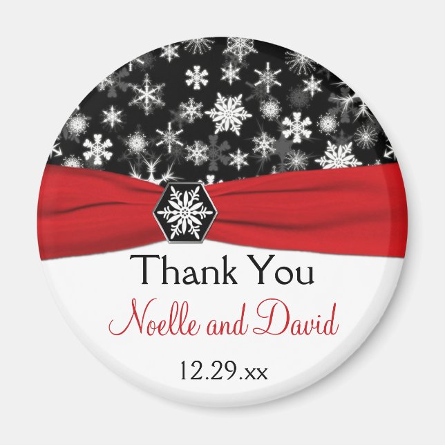 Black, White, Red Snowflakes Wedding Favor Magnet (Front)