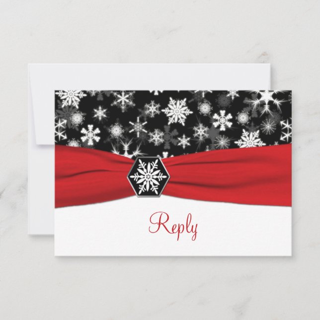 Black, White, Red Snowflakes Wedding Reply Card (Front)