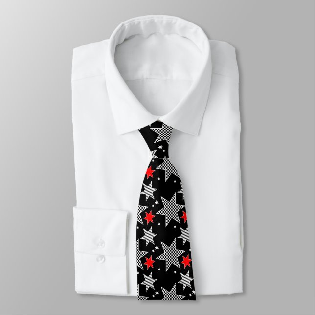Black, White, Red Stars Design Tie (Tied)