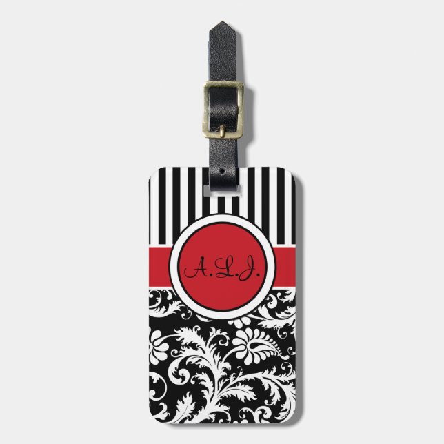 Black, White, Red Striped Damask Luggage Tag (Front Vertical)