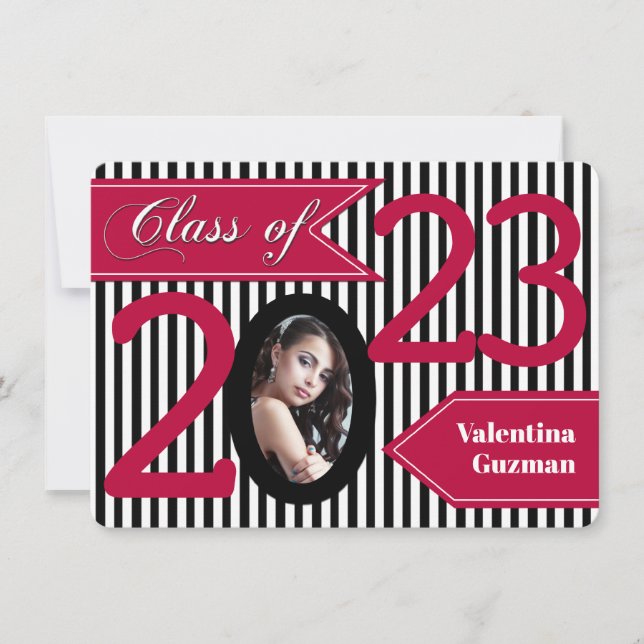Black White Red Striped Photo Graduation Invite (Front)