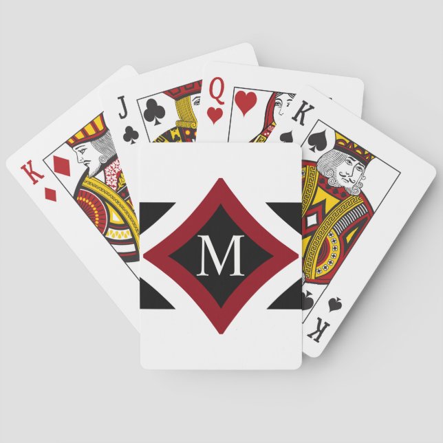 Black, White & Red Stylish Diamond Shaped Monogram Playing Cards (Back)