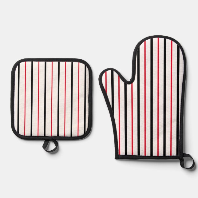 Black, White & Red Vertical Stripes  Oven Mitt & Pot Holder Set (Front)