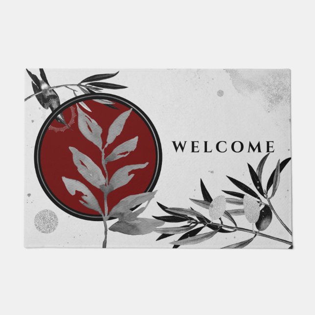 Black White & Red Watercolor Leaves Welcome Doormat (Front)