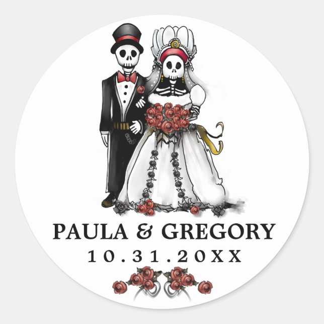 Black & White Red Wedding Skeletons Round Classic Round Sticker (Front)