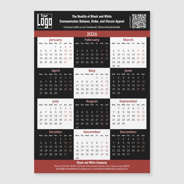 Black, White, Red Your Logo 2026 Calendar Magnet (Front)
