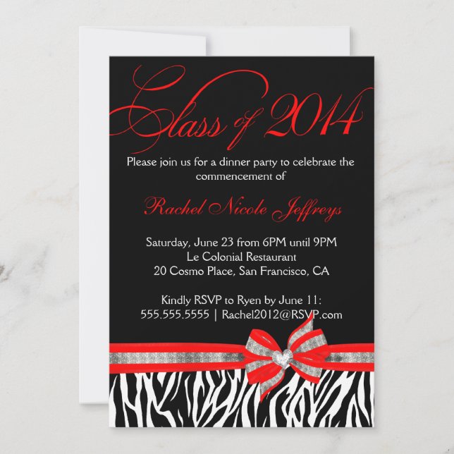 Black White Red Zebra 2014 Graduation Invitation (Front)