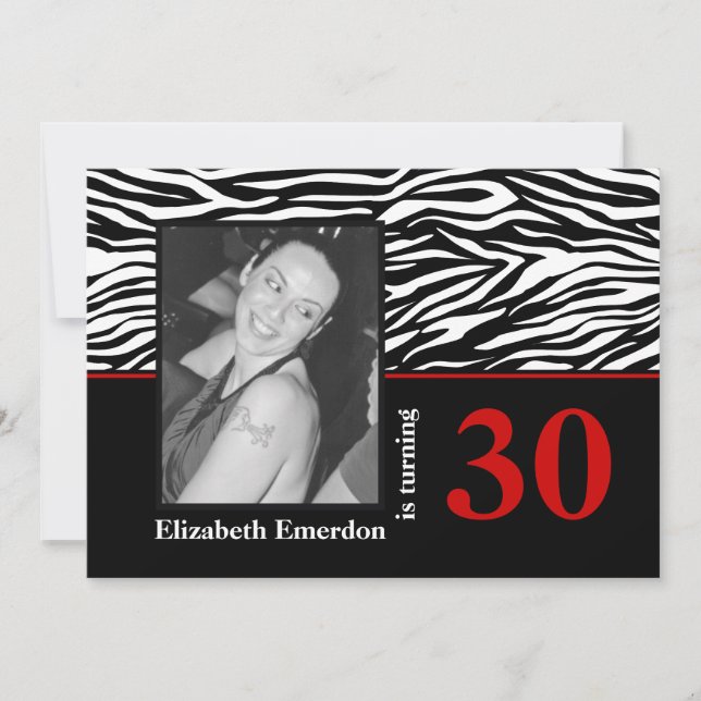 Black white red zebra print 30th birthday photo invitation (Front)