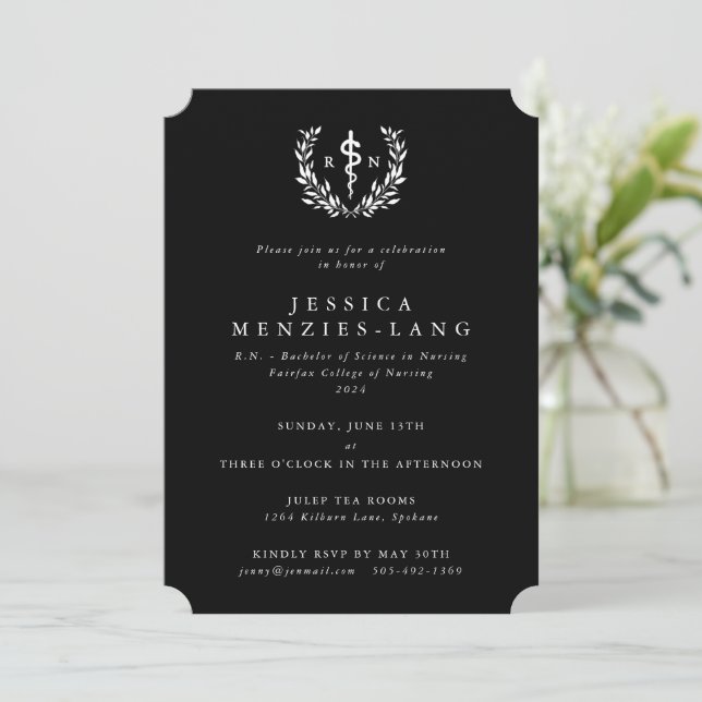Black/White Registered Nurse Asclepius Graduation Invitation (Standing Front)