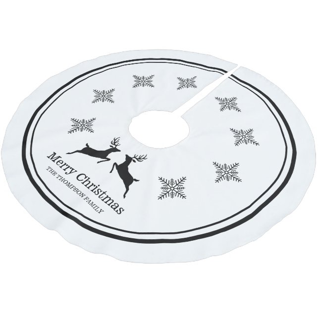 Black & White Reindeers With Snowflakes Christmas Brushed Polyester Tree Skirt (Angled)