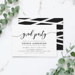 Black White Relax Script Grad Party Invitation