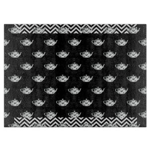Black White Repeat Teapot  Glass Cutting Board