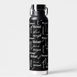 Black & White Repeating First & Last Name Gift Water Bottle