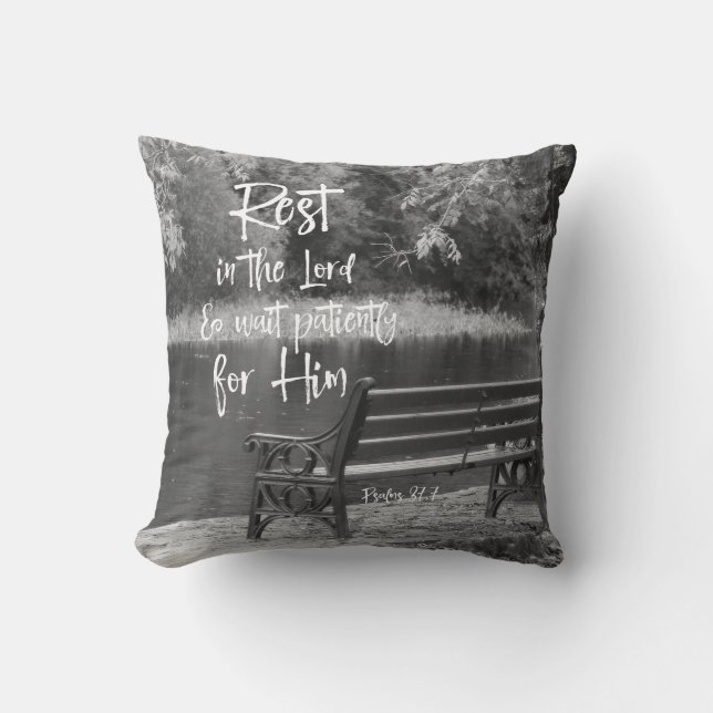 Black & White Rest in the Lord Psalms Scripture Cushion (Front)