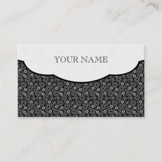 Black & White Retro Floral Dot Pattern Business Card (Front)