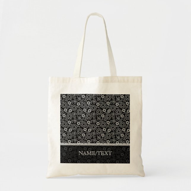 Black & White Retro Floral Pattern Tote Bag (Front)