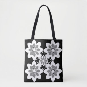 Black white retro graphic floral tote bag