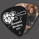 Black White Retro Groovy Rock Dad Photo Guitar Pick<br><div class="desc">Rock Dad is written in the popular retro groovy font and fit into the silhouette of a guitar. Dad's name is written below in a retro script along with the date. Music notes add to the design. You can place your favourite dad photo on the back.</div>