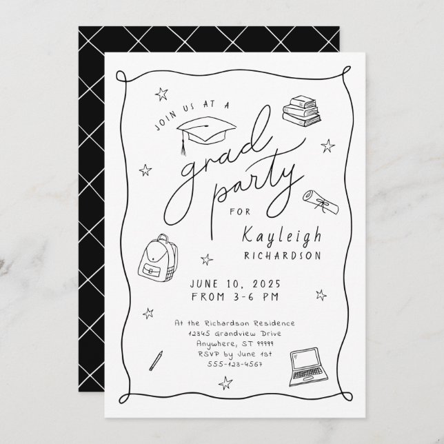 Black White Retro Hand Drawn Grad Party Invitation (Front/Back)