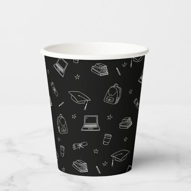 Black White Retro Hand Drawn Grad Party Paper Cups (Front)