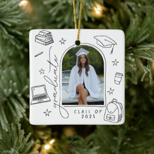 Black White Retro Hand Drawn Photo Graduation Ceramic Ornament